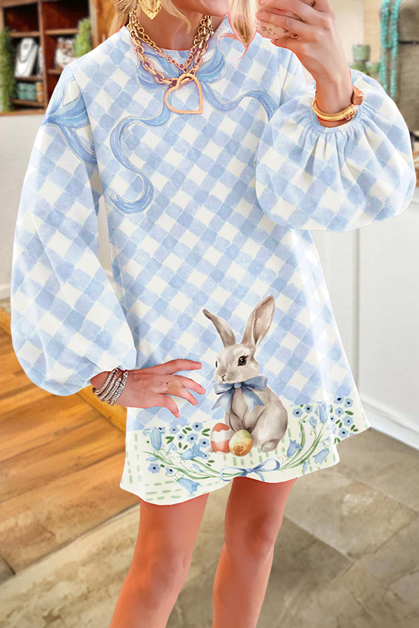 Easter Plaid Bunny Puff-Sleeve Dress