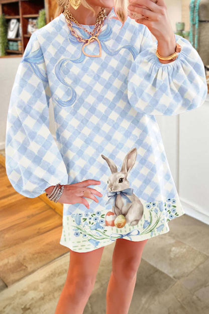 Easter Plaid Bunny Puff-Sleeve Dress