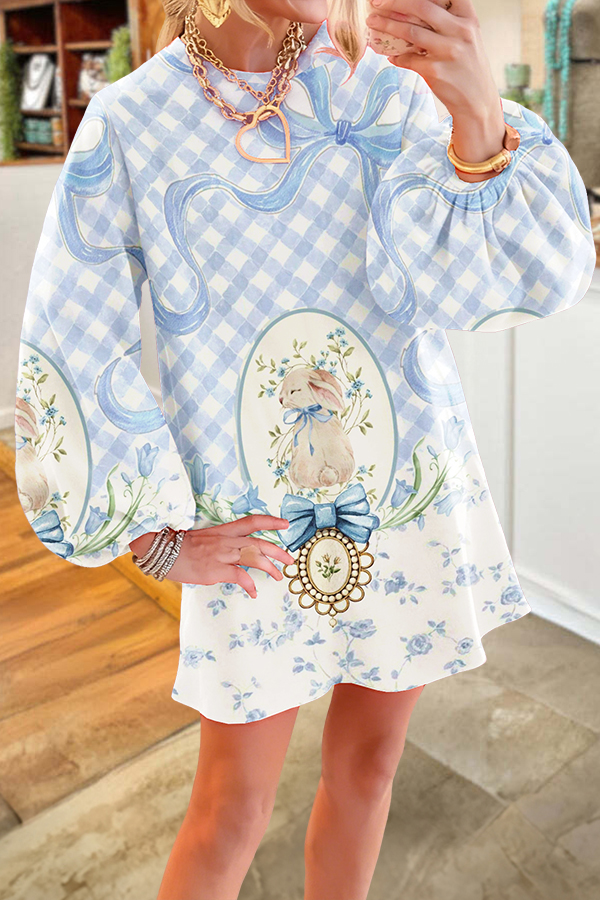 Easter Plaid Bow Bunny Puff-Sleeved Dress