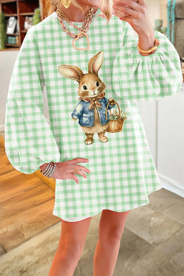 Easter Plaid Cute Bunny Puff-Sleeved Dress
