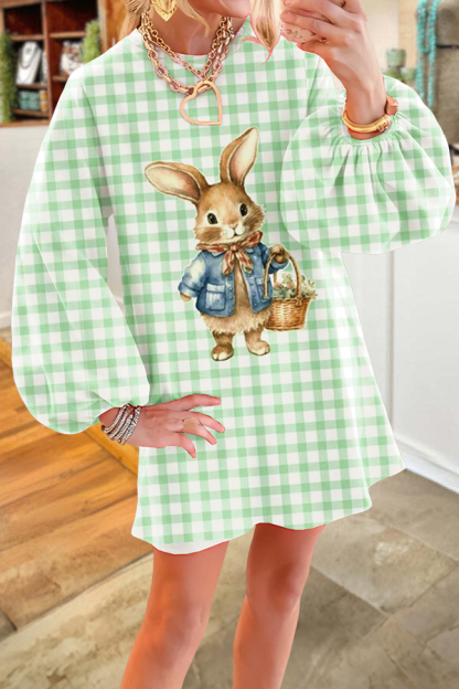 Easter Plaid Cute Bunny Puff-Sleeved Dress
