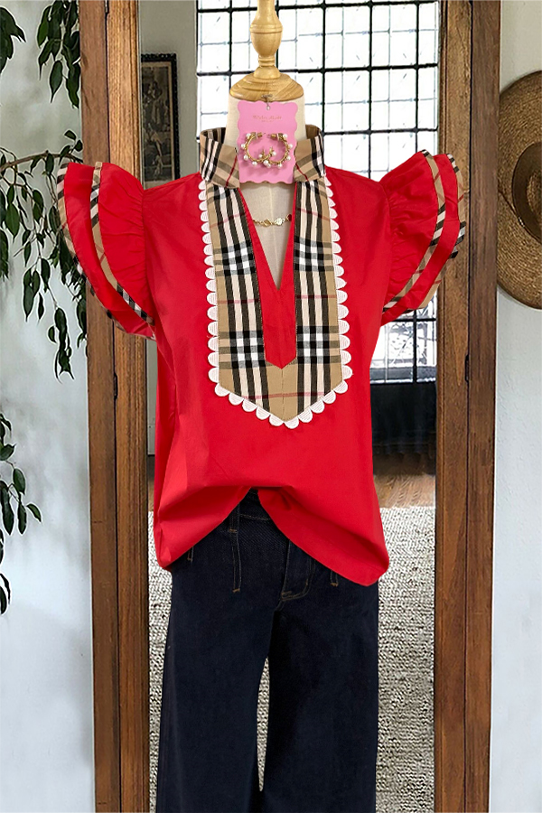 Checked Pattern Patchwork Flying Sleeved Shirt