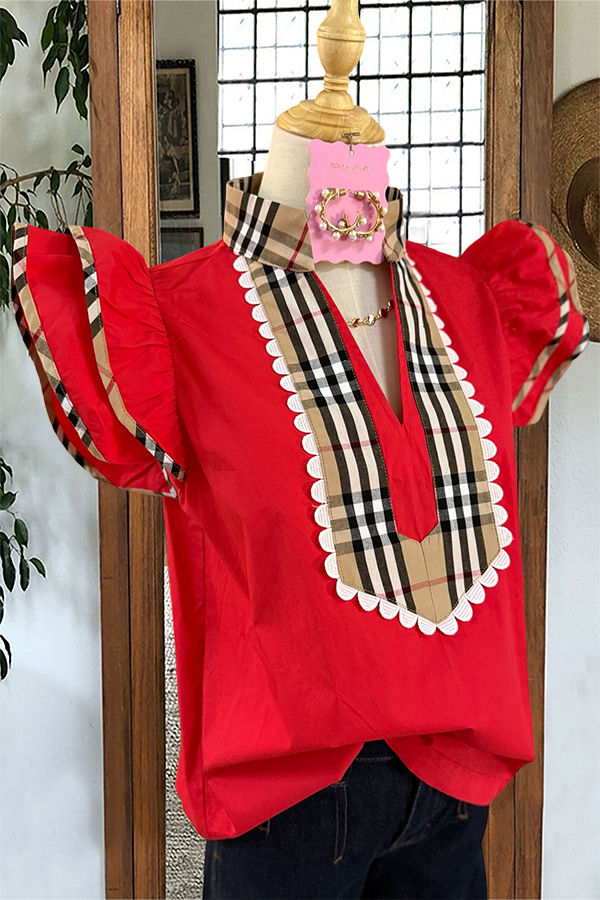 Checked Pattern Patchwork Flying Sleeved Shirt