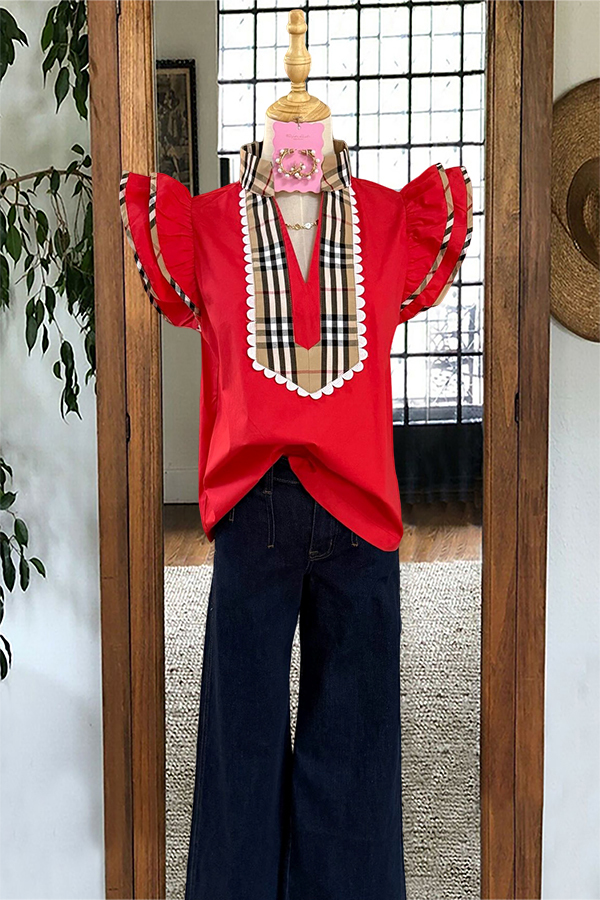 Checked Pattern Patchwork Flying Sleeved Shirt