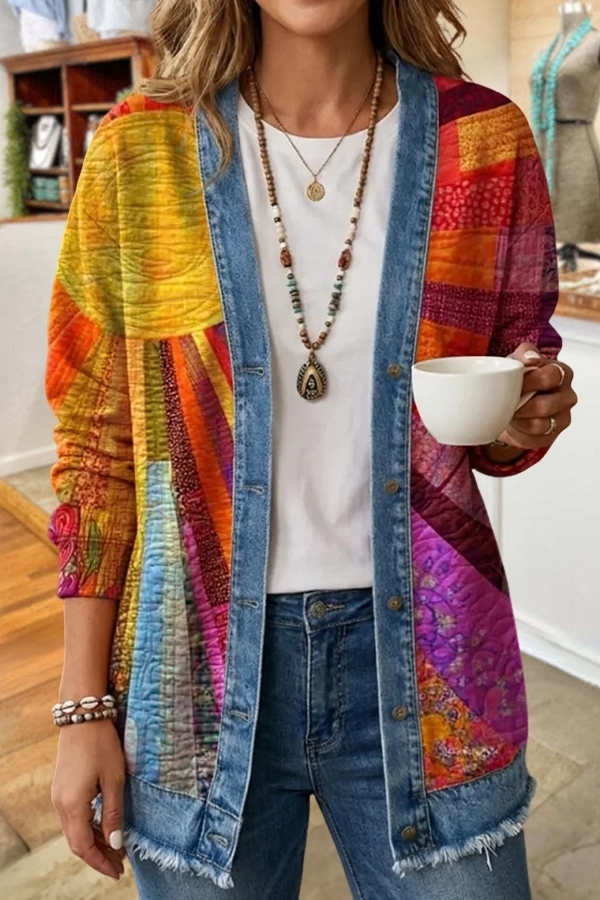 Vintage Sun Patchwork Art Print Coat