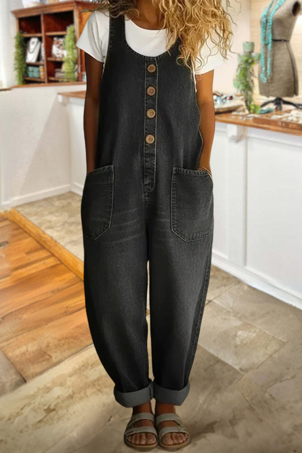 Sleeveless Washed Cotton Denim Jumpsuit