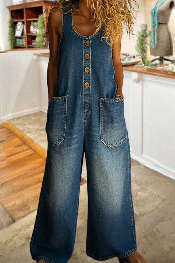 Sleeveless Washed Cotton Denim Jumpsuit