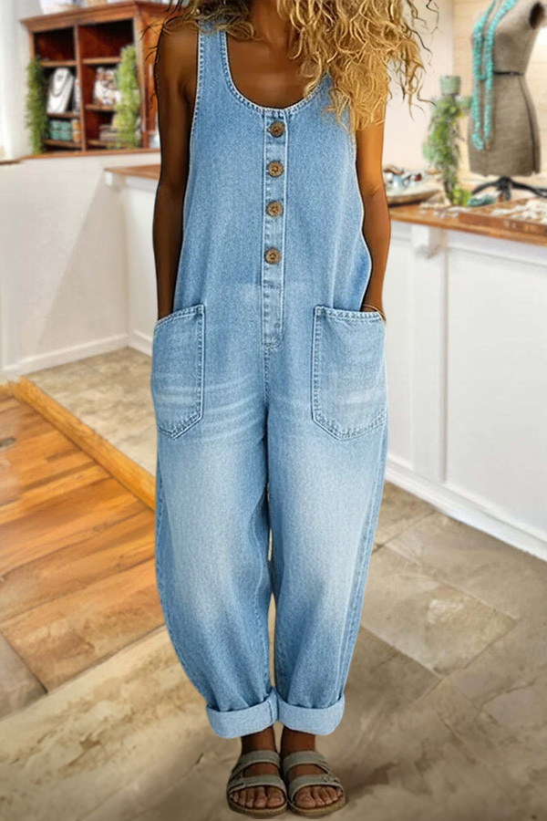 Sleeveless Washed Cotton Denim Jumpsuit