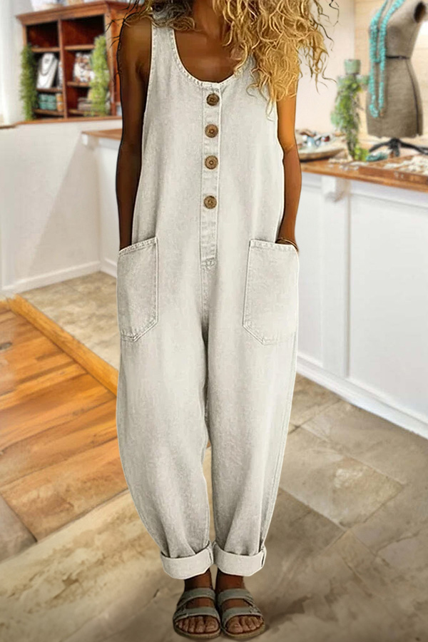 Sleeveless Washed Cotton Denim Jumpsuit