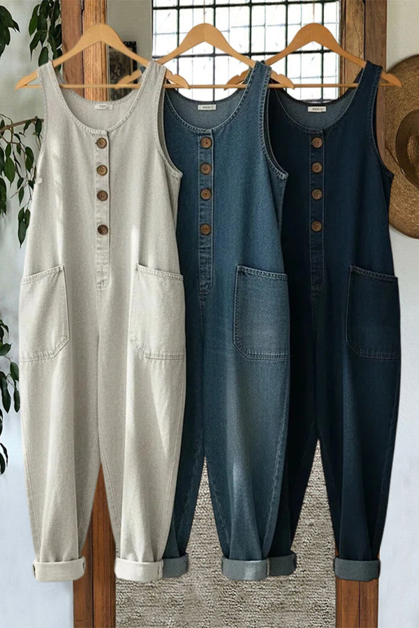 Sleeveless Washed Cotton Denim Jumpsuit