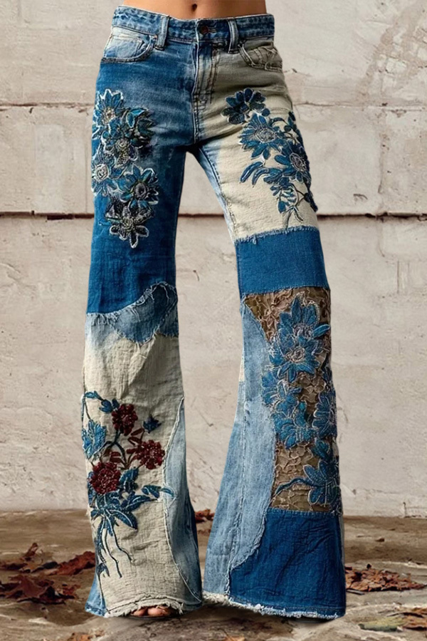 Bohemian Floral Art Print Casual Jeans