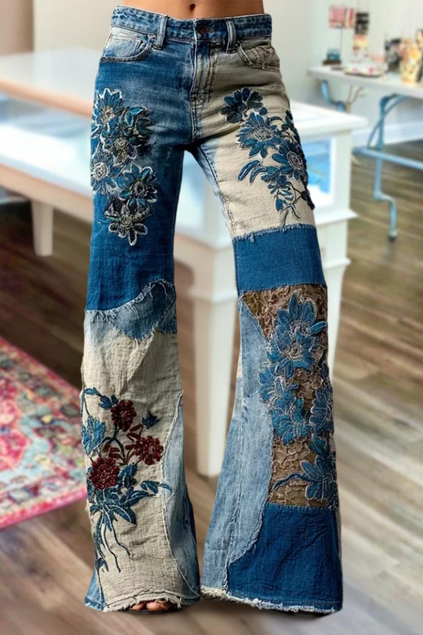 Bohemian Floral Art Print Casual Jeans