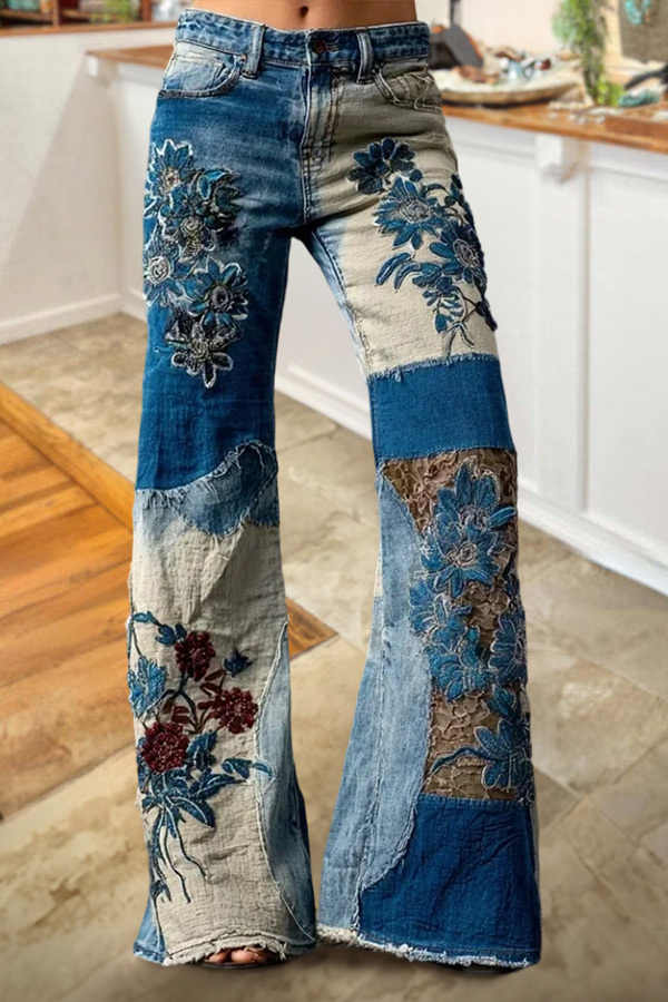 Bohemian Floral Art Print Casual Jeans