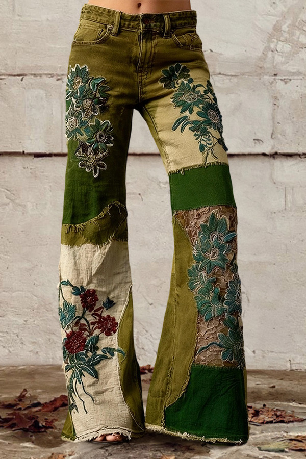 Bohemian Floral Art Print Casual Jeans
