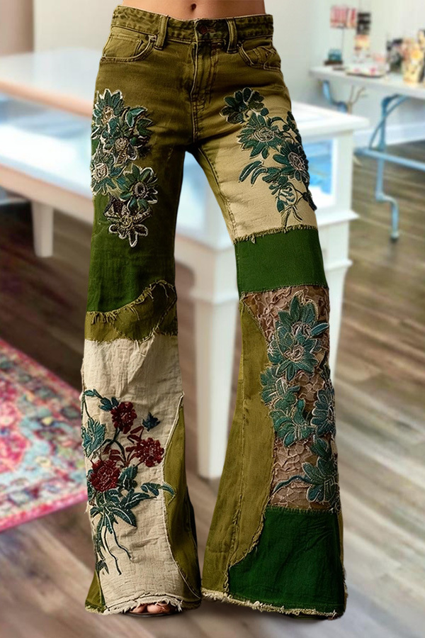 Bohemian Floral Art Print Casual Jeans