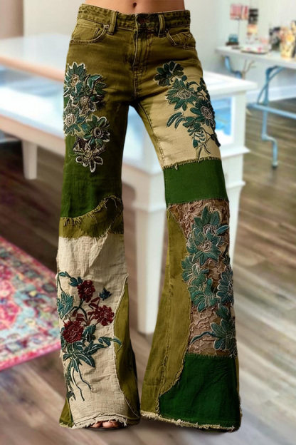Bohemian Floral Art Print Casual Jeans