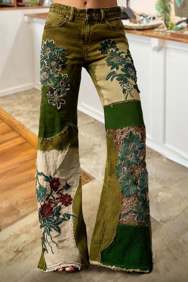 Bohemian Floral Art Print Casual Jeans