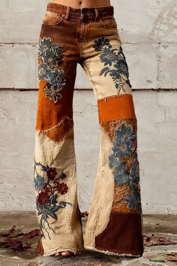 Bohemian Floral Art Print Casual Jeans