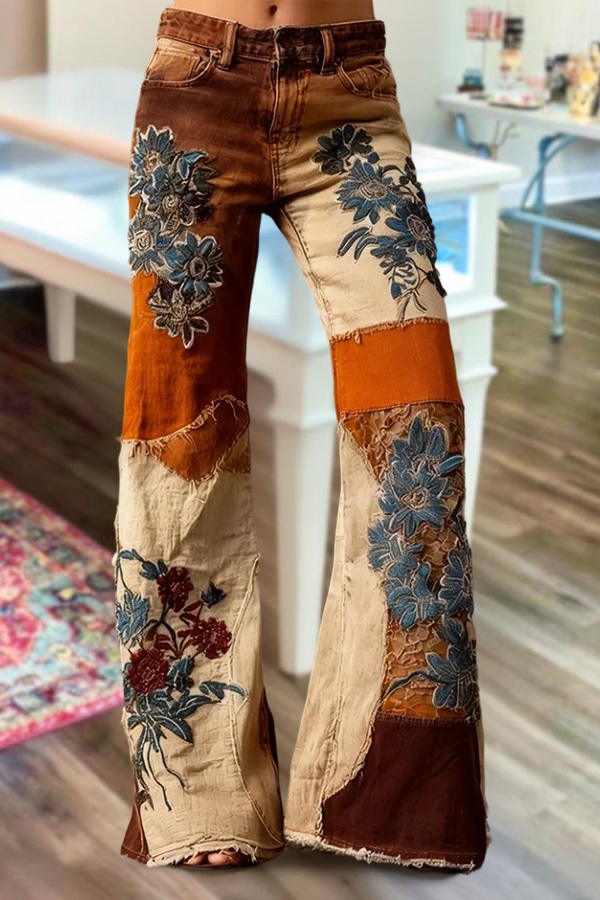 Bohemian Floral Art Print Casual Jeans