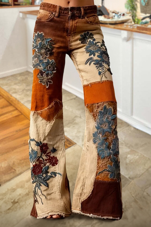 Bohemian Floral Art Print Casual Jeans