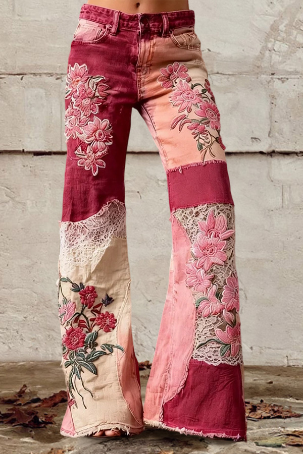 Bohemian Floral Art Print Casual Jeans