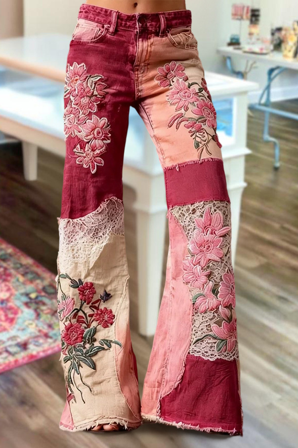 Bohemian Floral Art Print Casual Jeans