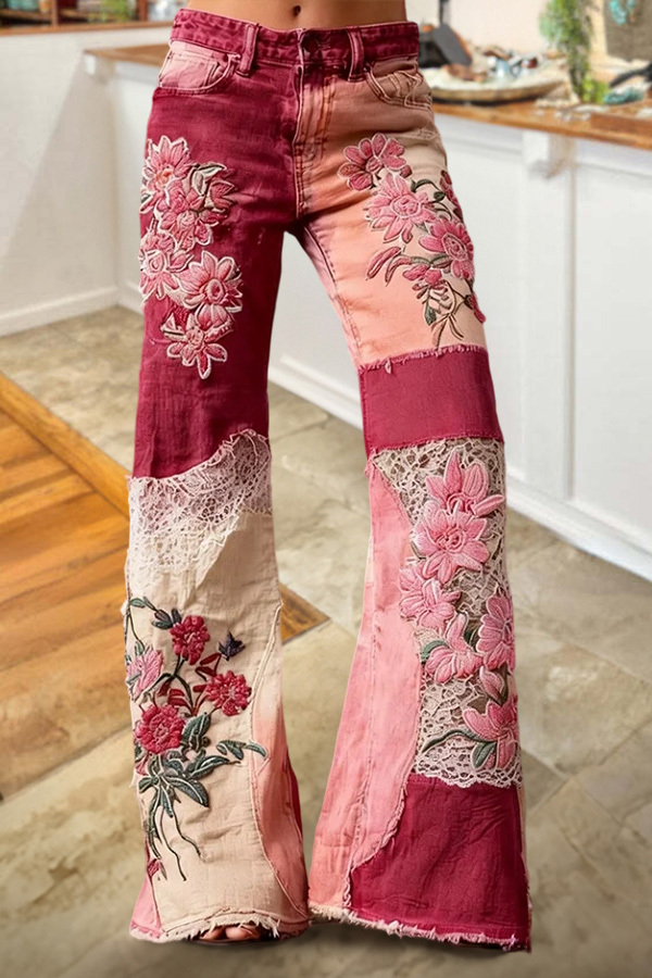 Bohemian Floral Art Print Casual Jeans
