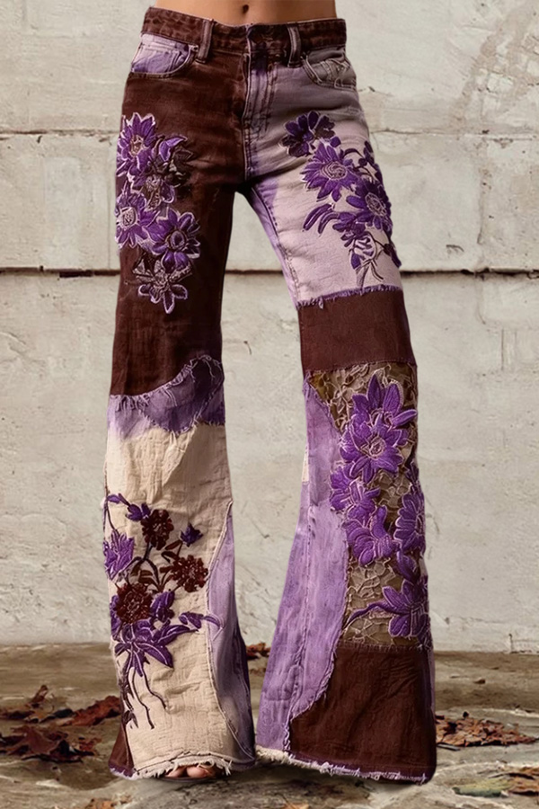 Bohemian Floral Art Print Casual Jeans