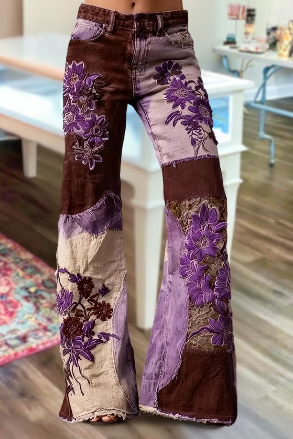 Bohemian Floral Art Print Casual Jeans