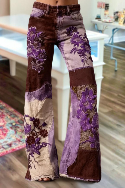 Bohemian Floral Art Print Casual Jeans