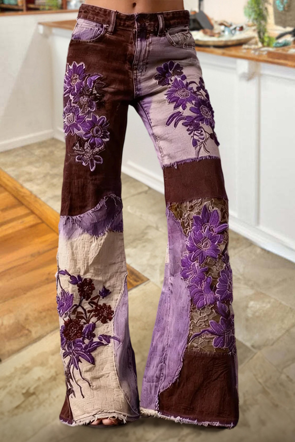 Bohemian Floral Art Print Casual Jeans