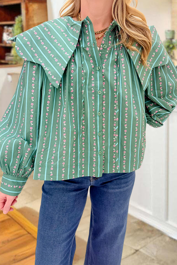 Women's top | Striped Floral Peter Pan Collar Puff Sleeves Shirt |Shopify-ladyboutiquebd