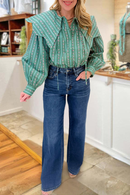 Striped Floral Peter Pan Collar Puff Sleeves Shirt