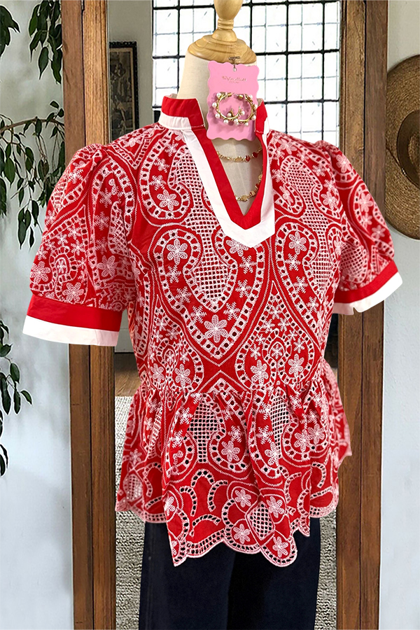 Eyelet Fabric Color Blocked Ruffle Shirt