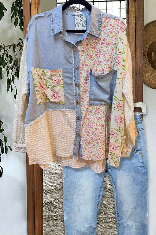 Women's shirt | Floral Patchwork Denim Shirt |Shopify-ladyboutiquebd