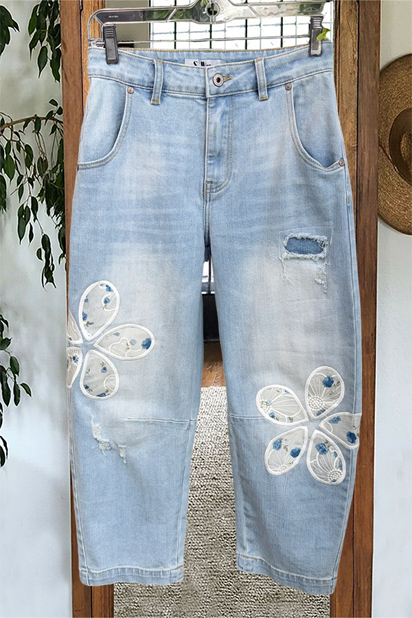 Floral Patchwork Distressed Jeans