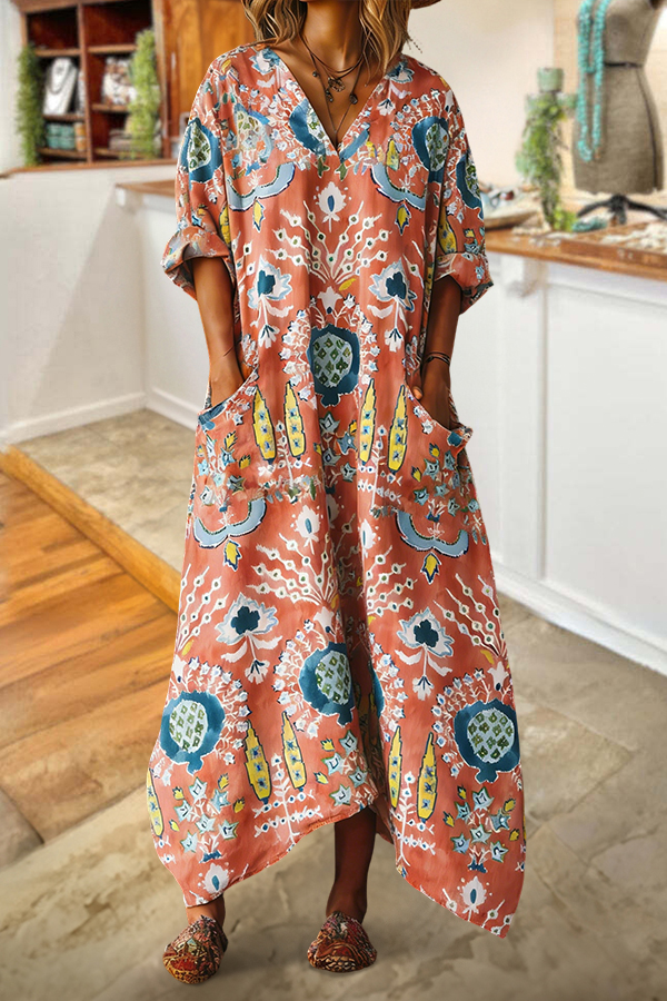 Cotton And Linen Vintage Suzani V-Neck Pocket Maxi Dress