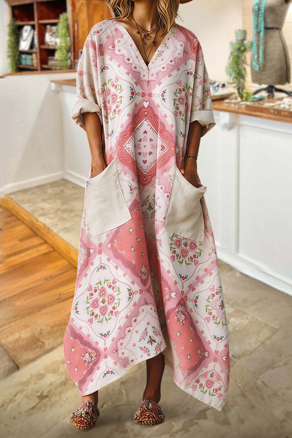 Cotton Linen Vintage Floral V-Neck Pocket Maxi Dress