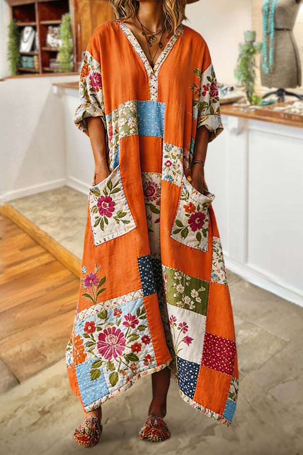 Cotton Linen Vintage Patchwork V-Neck Pocket Maxi Dress