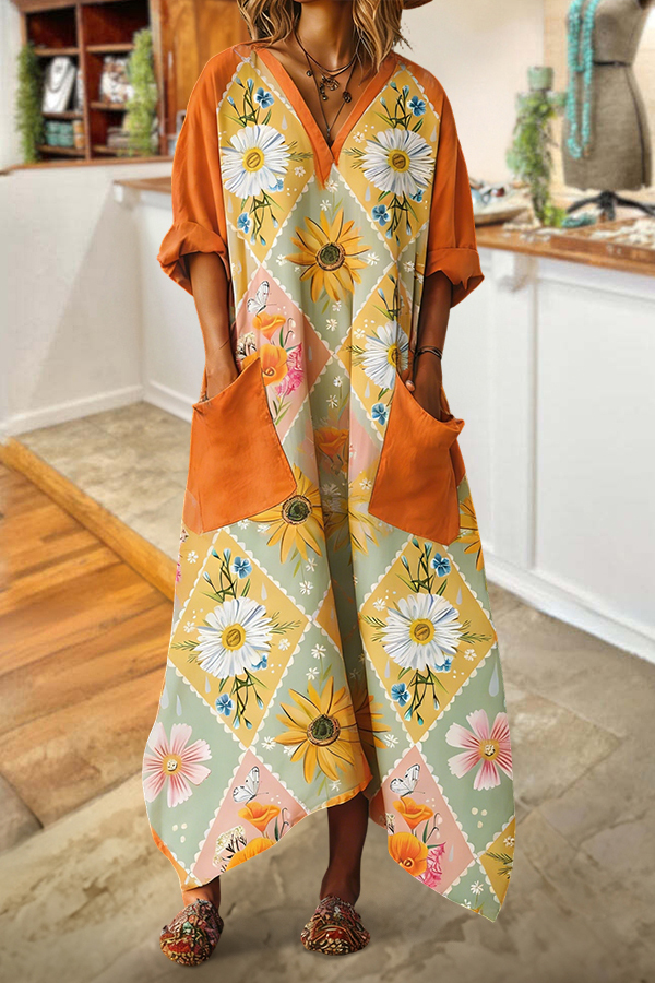 Cotton Linen Vintage Daisy Print V-Neck Pocket Maxi Dress