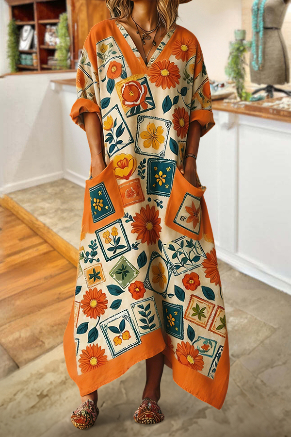 Cotton Linen Vintage Chrysanthemum V-Neck Pocket Maxi Dress