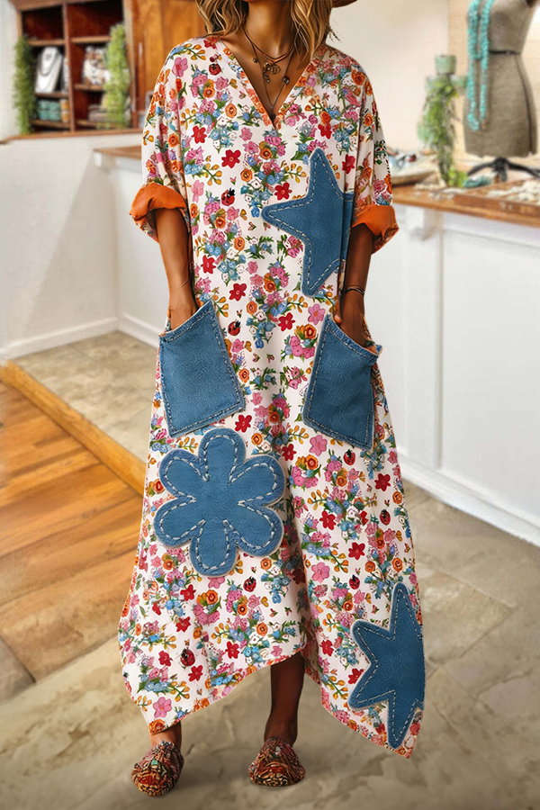 Cotton Linen Vintage Patchwork V-Neck Maxi Dress