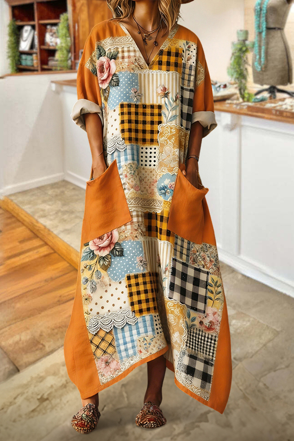 Cotton Linen Blend Vintage Plaid Patchwork V-Neck Pocket Maxi Dress