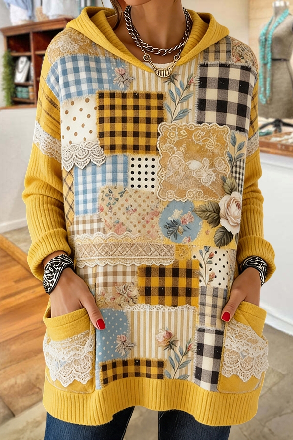 Floral Checkered Patchwork Hooded Sweater