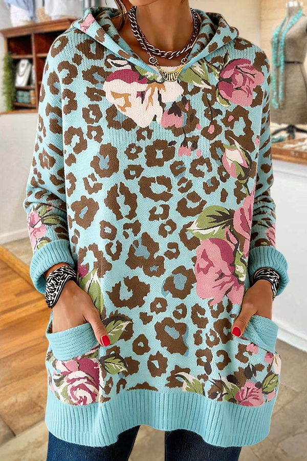 Leopard Print Floral Hooded Sweater