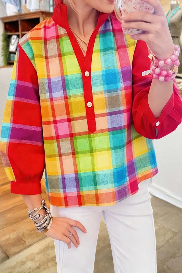 Colorful Checkered Puff-Sleeved Shirt