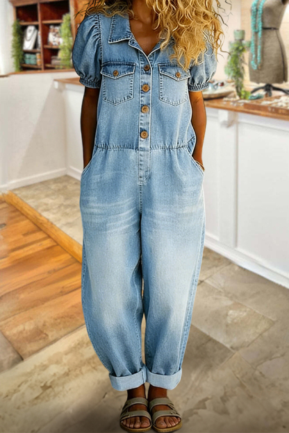 Puff Sleeved Button Up Denim Jumpsuit