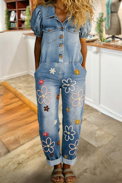 Floral Print Puff Sleeved Button Up Denim Jumpsuit