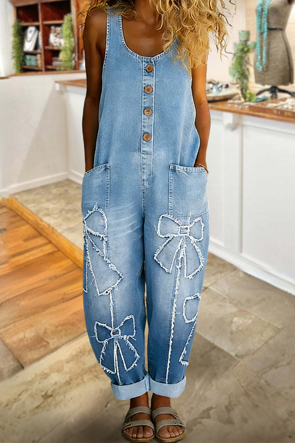 Distressed Bow Sleeveless Jumpsuit