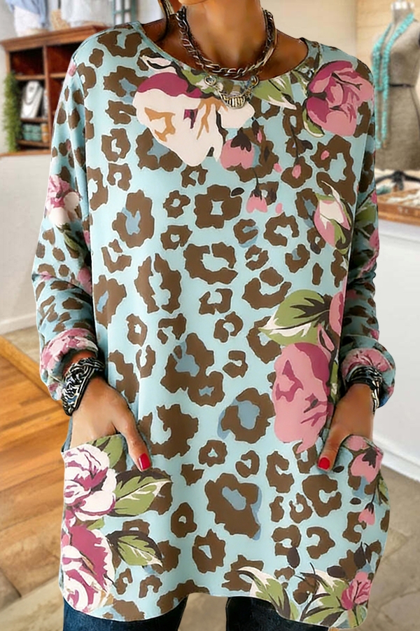 Leopard Print Floral Pocket Cotton T-Shirt